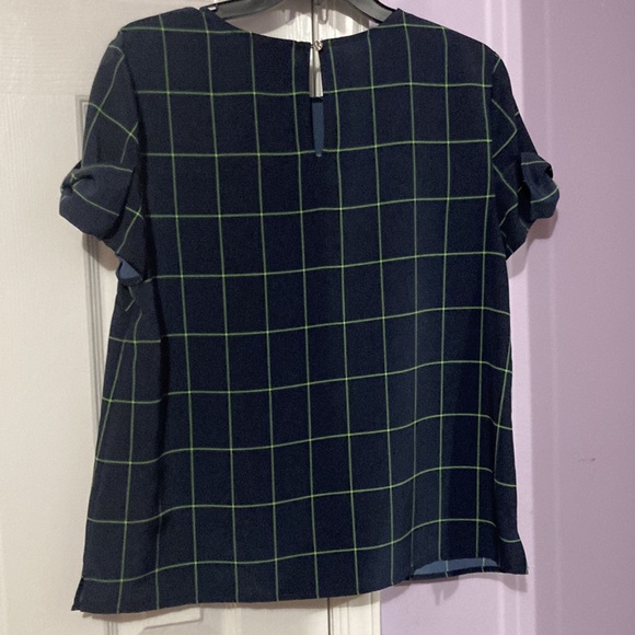 CeCe Navy/green checkered short sleeve blouse with bows at sleeves - Picture 3 of 3